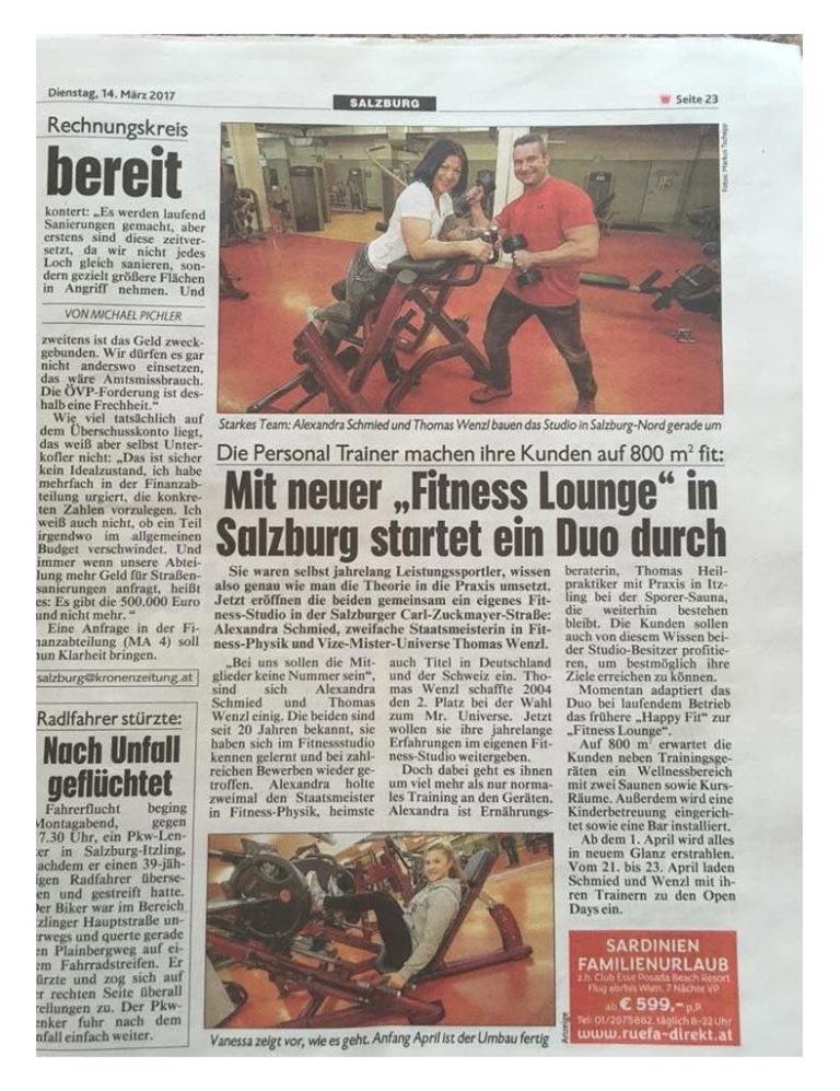 Scanaufnahme eines Zeitungsartikel mit dem Titel: "neue Fitness-Lounge in Salzburg", von 2017