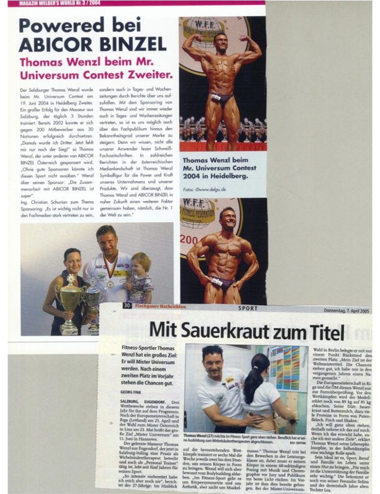 Scanaufnahme eines Zeitungsartikel mit dem Titel: "Thomas Wenzl beim Mister Universum Context Zweiter"