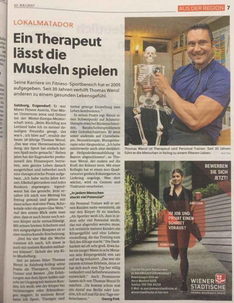 Scanaufnahme eines Zeitungsartikel mit dem Titel: "Ein Therapeut lässt die Muskeln spielen"
