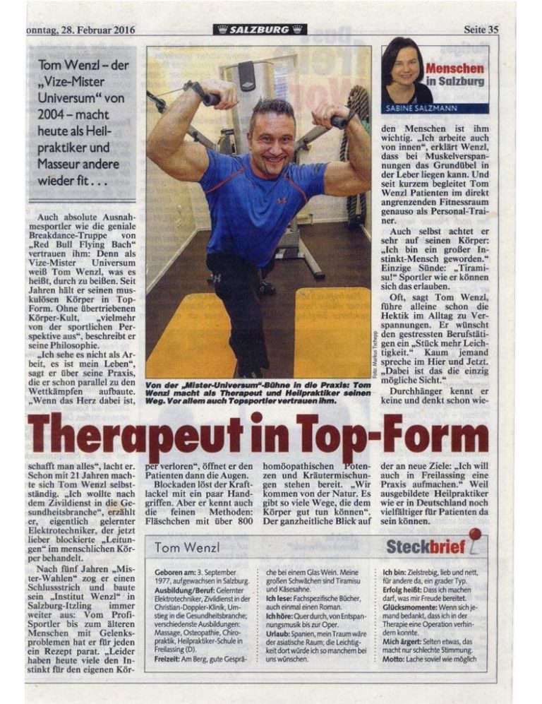 Scanaufnahme eines Zeitungsartikel mit dem Titel: "Therapeut in Top-Form"