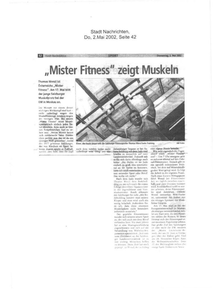 Scanaufnahme eines Zeitungsartikel mit dem Titel: "Mister Fitness zeigt Muskeln"