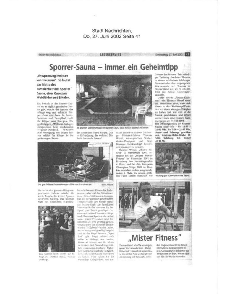 Scanaufnahme eines Zeitungsartikel mit dem Titel: "Mister Fitness"
