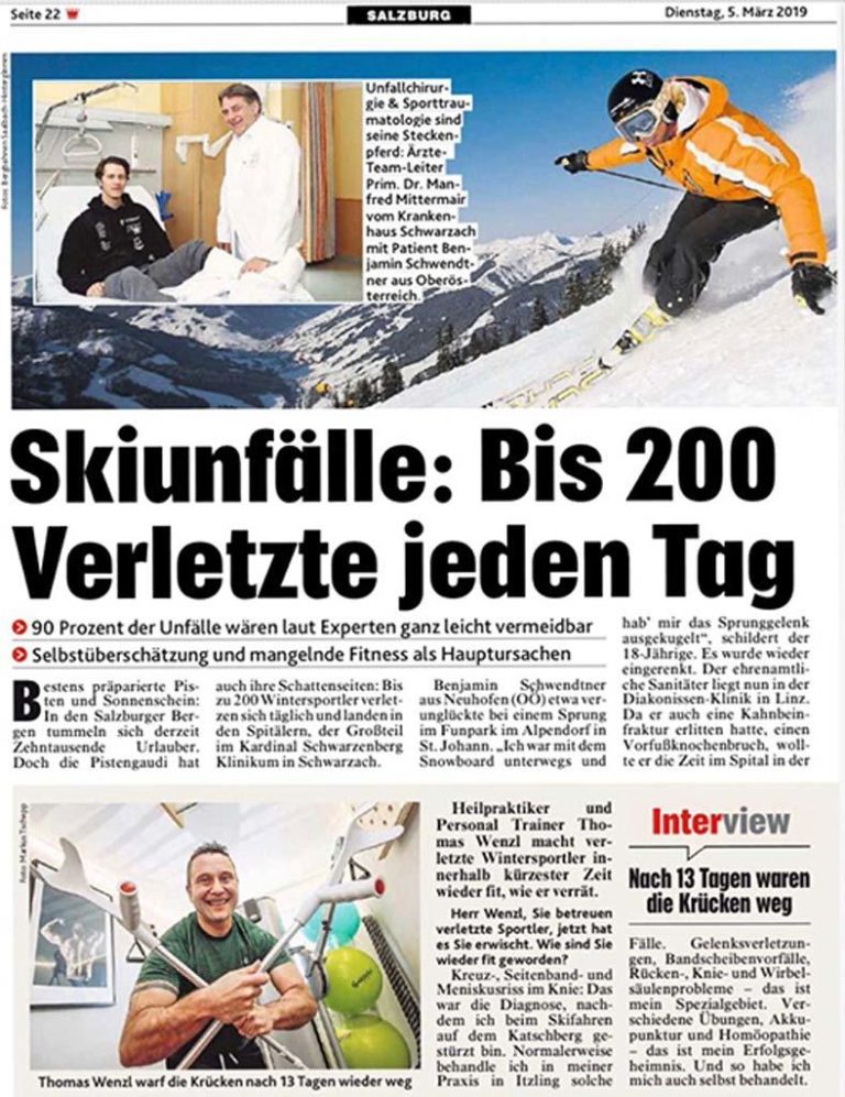 Scanaufnahme eines Zeitungsartikel mit dem Titel: "Skiunfälle: bis 200 Verletzte jeden Tag"