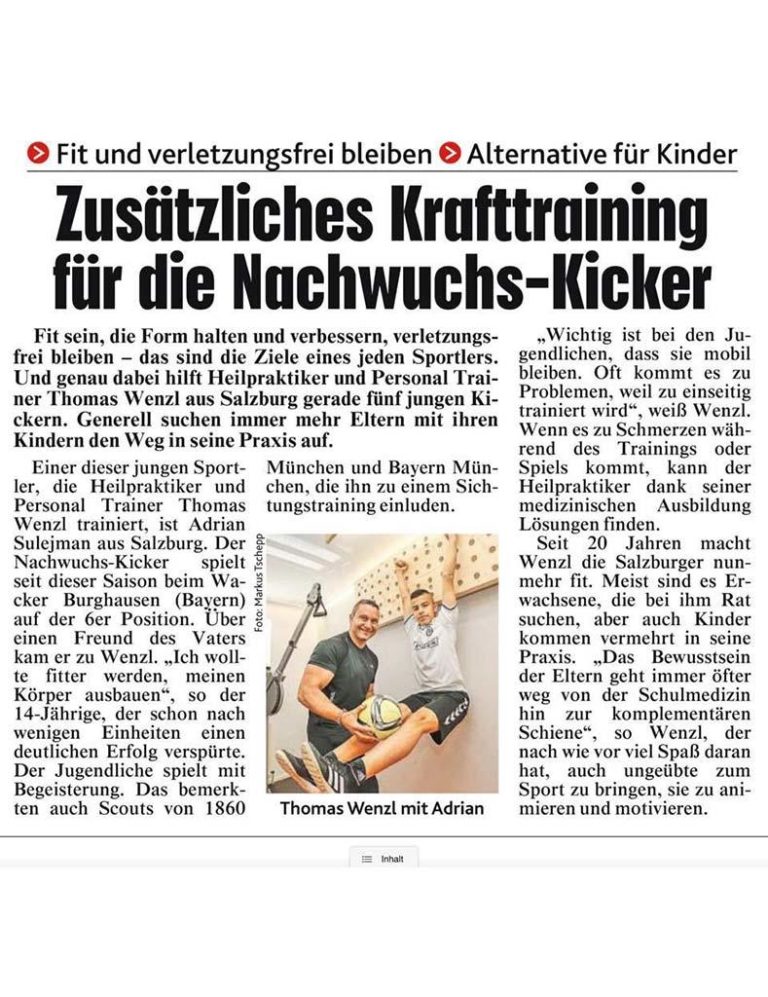 Scanaufnahme eines Zeitungsartikel mit dem Titel: "Zusätzliches Krafttraining für die Nachwuchs-Kicker"