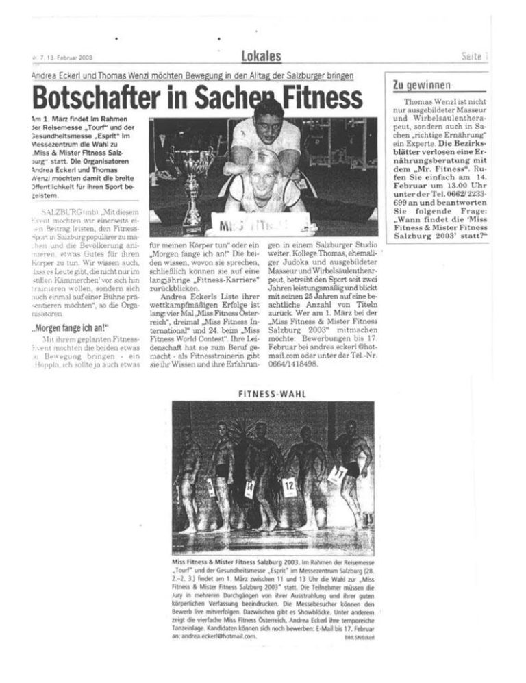 Scanaufnahme eines Zeitungsartikel mit dem Titel: "Botschafter in Sachen Fitness" und "Fitnesswahl"