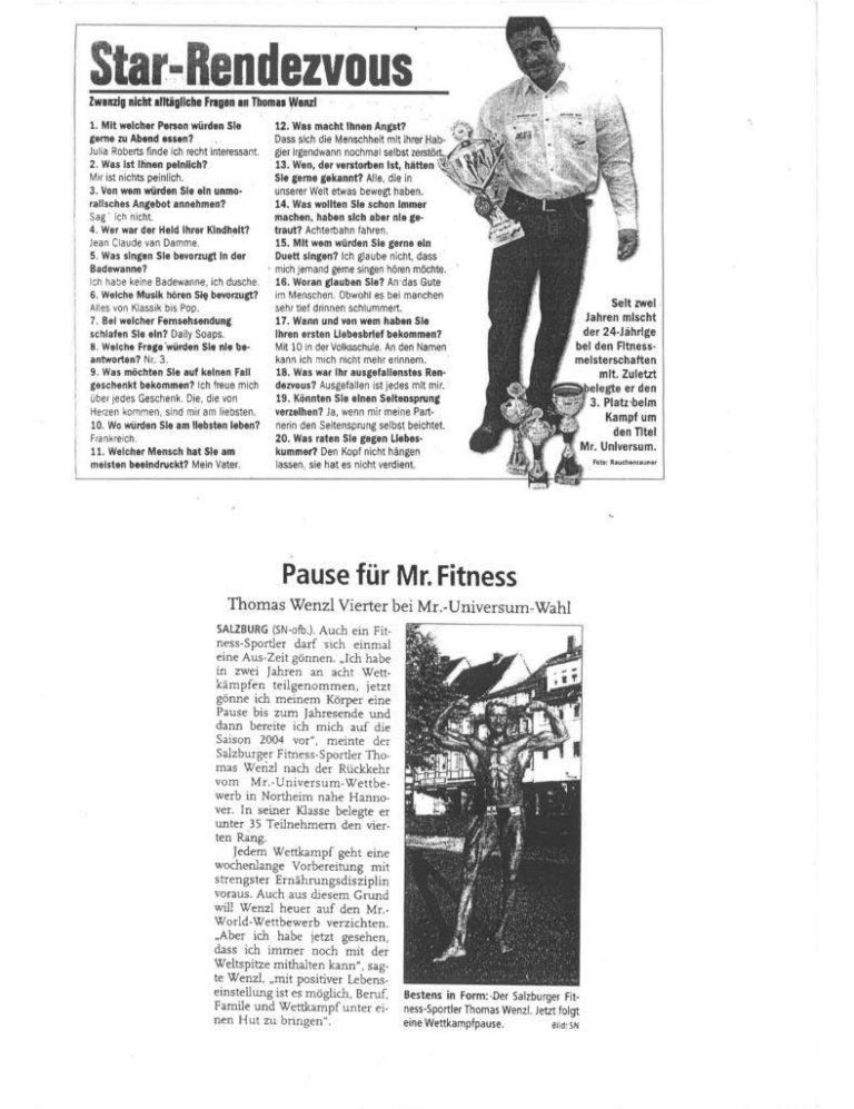 Scanaufnahme eines Zeitungsartikel mit dem Titel: "Star Rendezvous" und "Pause für Mister Fitness"